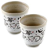 Authentic MIno Yaki(Ware) Handmade Japanese Tea Cups Yunomi Teacup Mug, Japanese Poem Cat Design Gray, 6.4 fl.oz Set of 2, Ceramic, Tea Party Set, Japanese Gifts, Green Tea, Matcha Tea