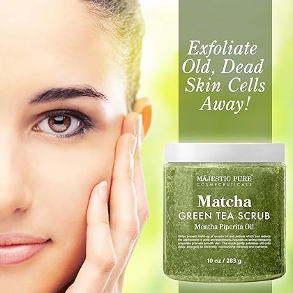 Majestic Pure Matcha Green Tea Body Scrub for All Natural Skin Care - Exfoliating Multi Purpose Body and Facial Scrub Moisturizes and Nourishes Face and Skin - 10 oz - Great Gift for Her