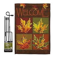 Fall Leaves Collage Garden Flag Set with Stand Harvest & Autumn Scarecrow Pumkins Sunflower Season Autumntime Gathering House Banner Small Yard Gift Double-Sided, Made in USA