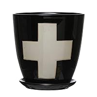 Creative Co-Op Stoneware Planter with Saucer & Wax Relief White Swiss Cross, Black, Set of 2 (Holds 4