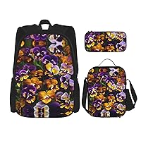 3-In-1 Backpack Bookbag Set,Pansy Perfection Print Casual Travel Backpacks,With Pencil Case Pouch, Lunch Bag