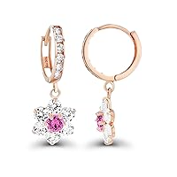 Sterling Silver Rose 3.5mm Created Pink Sapphire & Created White Sapphire Flower Dangling Huggie Earrings
