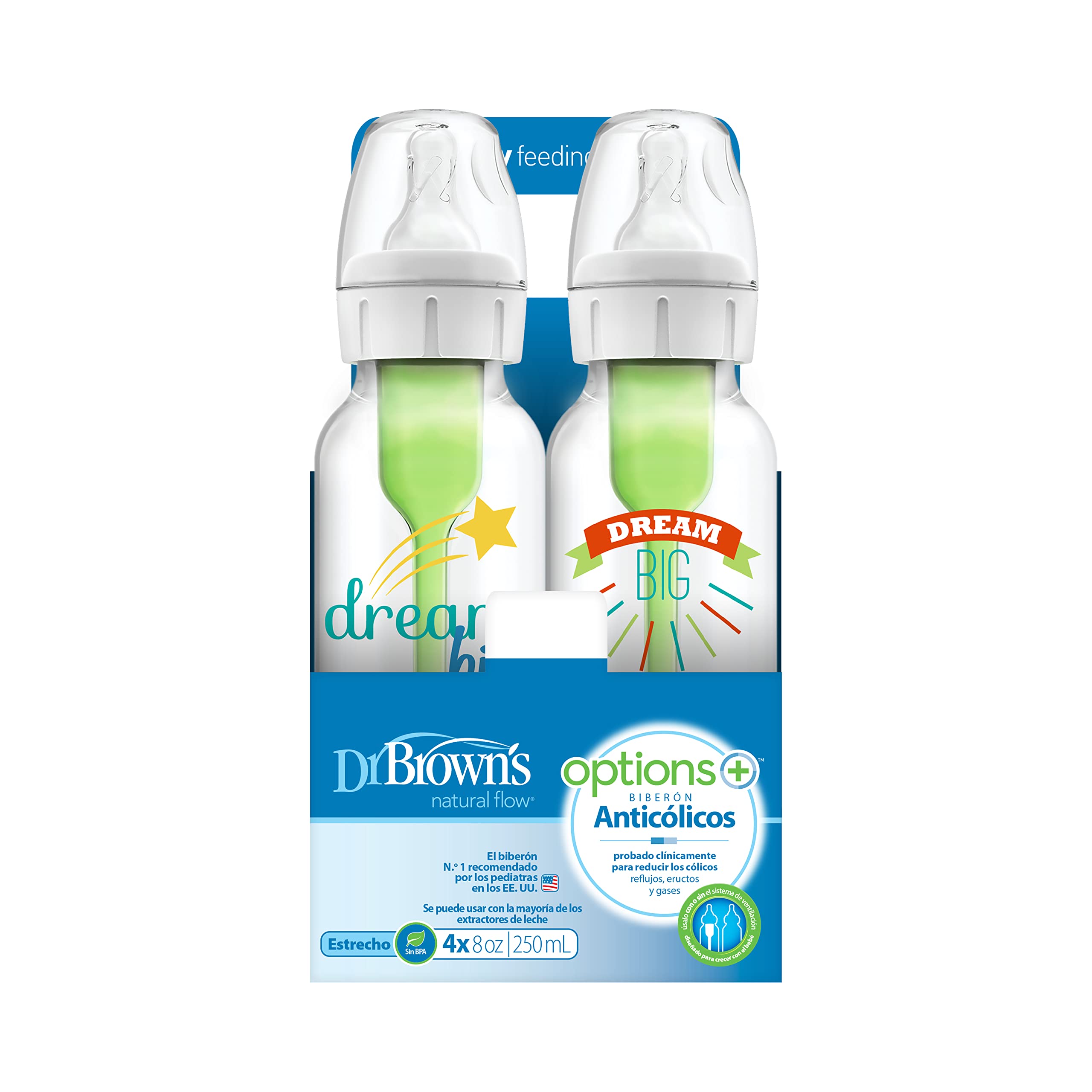 Dr. Brown’s Natural Flow® Anti-Colic Options+™ Narrow Baby Bottles 8 oz/250 mL, with Level 1 Slow Flow Nipple, 4 Pack, Dream Adventure, 0m+