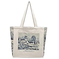 BROADREAM Canvas Tote Bag Aesthetic Shoulder Bag with Zippers and Interior Pocket