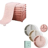 Yoofoss 10 Pack Muslin Burp Cloths for Baby 20''X10'' Gradient Pink & 3 Pack Toddler Plates Suction Plates Apricot,Brown&Pink with Lids