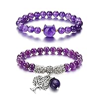 Jovivi Bundle of Amethyst Tree of Life Lucky Crystal Bracelet & Cat Crystal Beaded Bracelet Cat Jewelry Gifts for Women Good Luck, Money Attraction