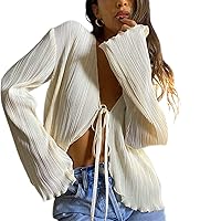 Women Bell Sleeve Top Sexy Tie Front Sheer Blouse Going Out Tops Y2k Streetwear