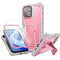 FITO for Apple iPhone 13 Case, Dual Layer Shockproof Heavy Duty Case with Tempered Glass Screen Protector and Built in Kickstand (Pink)