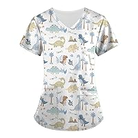 Printed Scrub Tops Women Summer Casual Animal T-Shirt Fashion Short Sleeve V-Neck Working Uniform with Pockets