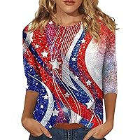 3 Quarter Sleeve Tops for Women 4th of July Tops for Women 3/4 Length Sleeve American Flag Print Shirts Classic Round Neck Patriotic Blouses Red 5X-Large