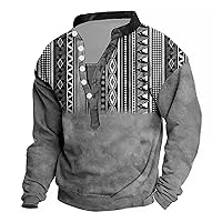 Mens Long Sleeve T Shirts Fashion Casual Vintage Printed Blouse Loose V-Neck Buttons Pullover Tops