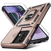 RMOCR for Motorola Moto G Stylus 5G 2023 Case with Screen Protector,Heavy Duty Shockproof Full Body Protective Phone Cover,Built in Slide Camera Lens Cover+Finger Ring Stable Kickstand,Rose Gold