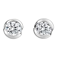14K White Gold Plated Push Back Round Brilliant Cut Half-Bezel Set Simulated Diamond White CZ Solitaire Stud Earrings For Women