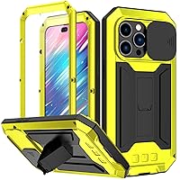 Compatible with iPhone 14 Pro Max Case with Screen Camera Protector Kickstand Rugged Military Metal Heavy Duty Waterproof Case with Stand Slide Camera Cover (Yellow)