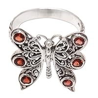 NOVICA Artisan Handmade 18k Gold Accented Garnet Cocktail Ring Butterfly .925 Sterling Silver Indonesia Animal Themed Birthstone 'Crimson Wings'