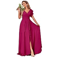 Women's Long V Neck Bridesmaid Dresses for Wedding Short Sleeve Formal Dress Chiffon Evening Gown with Slit