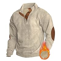 Mens Corduroy Shirt Lapel Collar Button Up Pullover Mock Neck Long Sleeve Sweaters Polo Sweatshirts with Elbow Patches