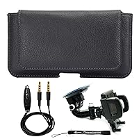 Textured Black Leather Wallet Case Holster (CEL328) for LG Bello II, Volt 2 and Windshield Car Mount and AUX Cable