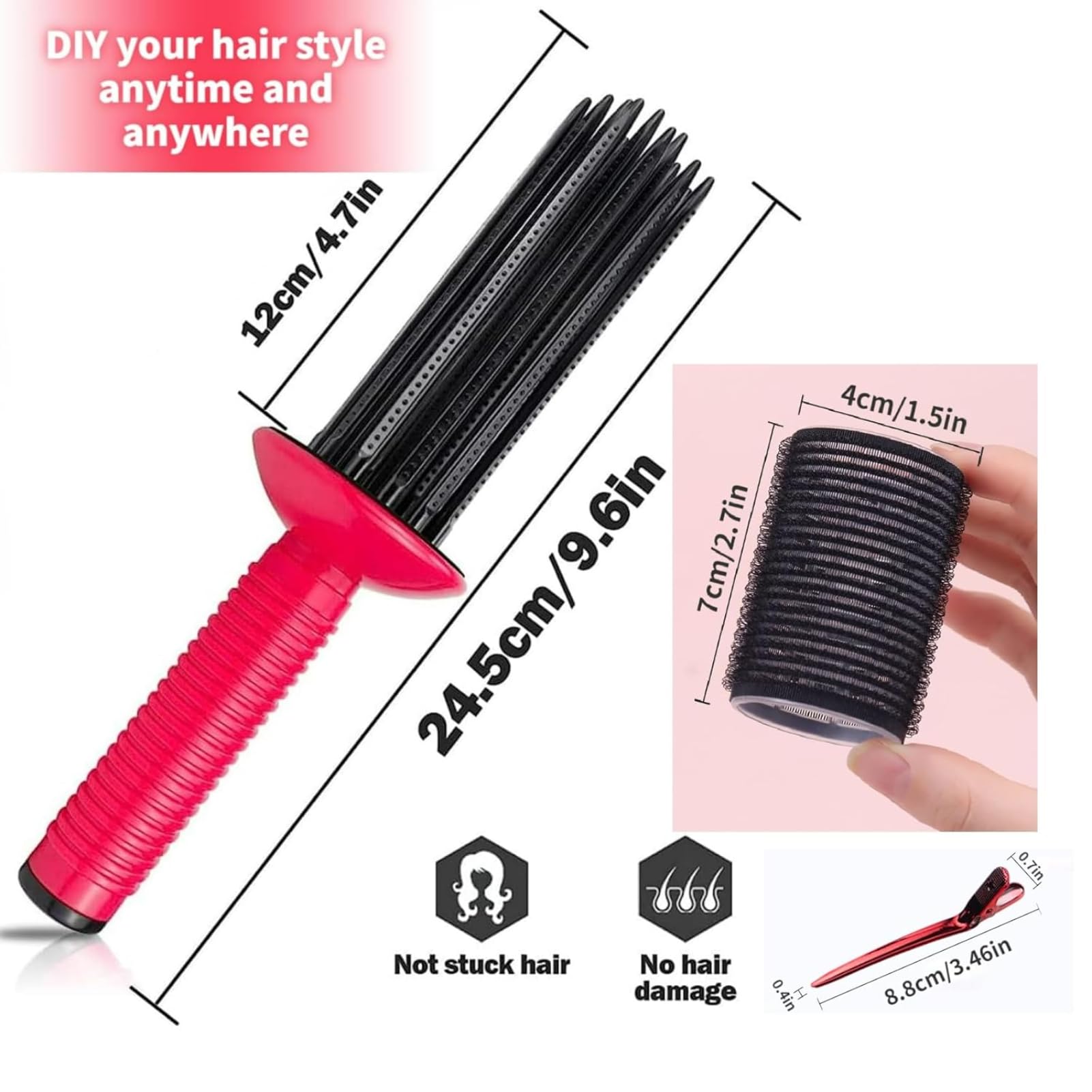 Neuvikter Self-Grip Hair Rollers with Hair Roller Clips and Comb, Hair Roller Set, Hair Brush Styler for Curly Hair, Air Volume Comb for DIY Hair Styles (5Pcs-Pink)