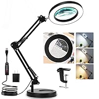 Magnifying Glass with Light and Stand, Veemagni 8X Real Glass 2-in-1 Desk Lamp & Clamp, 3 Color Modes Stepless Dimmable, LED Lighted Magnifier with Light for Hobby Reading Crafts Repair Close Works