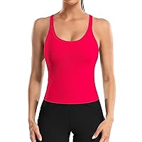 ATTRACO Women Ribbed Workout Crop Tops with Built in Bra Yoga Racerback Tank Top Tight Fit