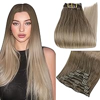 Blonde Hair Clip in Extensions Real Human Hair Light Brown to Ash Blonde Mix Platinum Blonde Ombre Clip in Hair Extensions Invisible for Women 7Pcs 12 Inch Short Hair