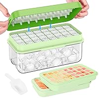 PHINOX Ice Cube Tray With Lid and Bin, Ice Trays for Freezer, Flexible Ice Cube Trays, Making 64 pcs Ice Cubes, Chilling Cocktail, Whiskey, Coffee, with 2 trays, Ice Container, Scoop&Cover, BPA Free
