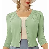 Belle Poque Women's 3/4 Sleeve Cropped Cardigan Vintage V-Neck Button Down Sweaters Open Front Bolero Shrug Knit Top