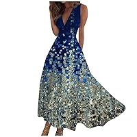 Womens Summer Maxi Dress 2024 Sleeveless Deep V Neck Floral Printed High Waist Maxi Flowy Beach Dress
