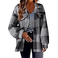 Womens Plaid Shacket Jacket Casual Wool Blend Long Sleeve Warm Coat Button Down Peacoats Flannel Lapel Jacket Outfits Christmas Shirts for Women 2023 Trendy