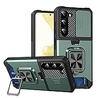 Galaxy S24 Plus Kickstand Case, Heavy Duty Shell with Slide Camera Cover, Rotatable Ring Holder Stand, Shockproof Rugged Protective Case for Samsung Galaxy S24 Plus (Dark Green)