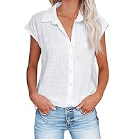 Women Short Sleeve Cotton Linen Shirts Button Down Blouse Casual V Neck Collared Plain T-Shirt Summer Beach Tops