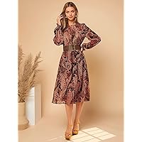 Women's Casual Dresses Tie Neck Flounce Sleeve Paisley Print Dress Without Belt Charming Mystery Special Beautiful (Color : Multicolor, Size : Small)