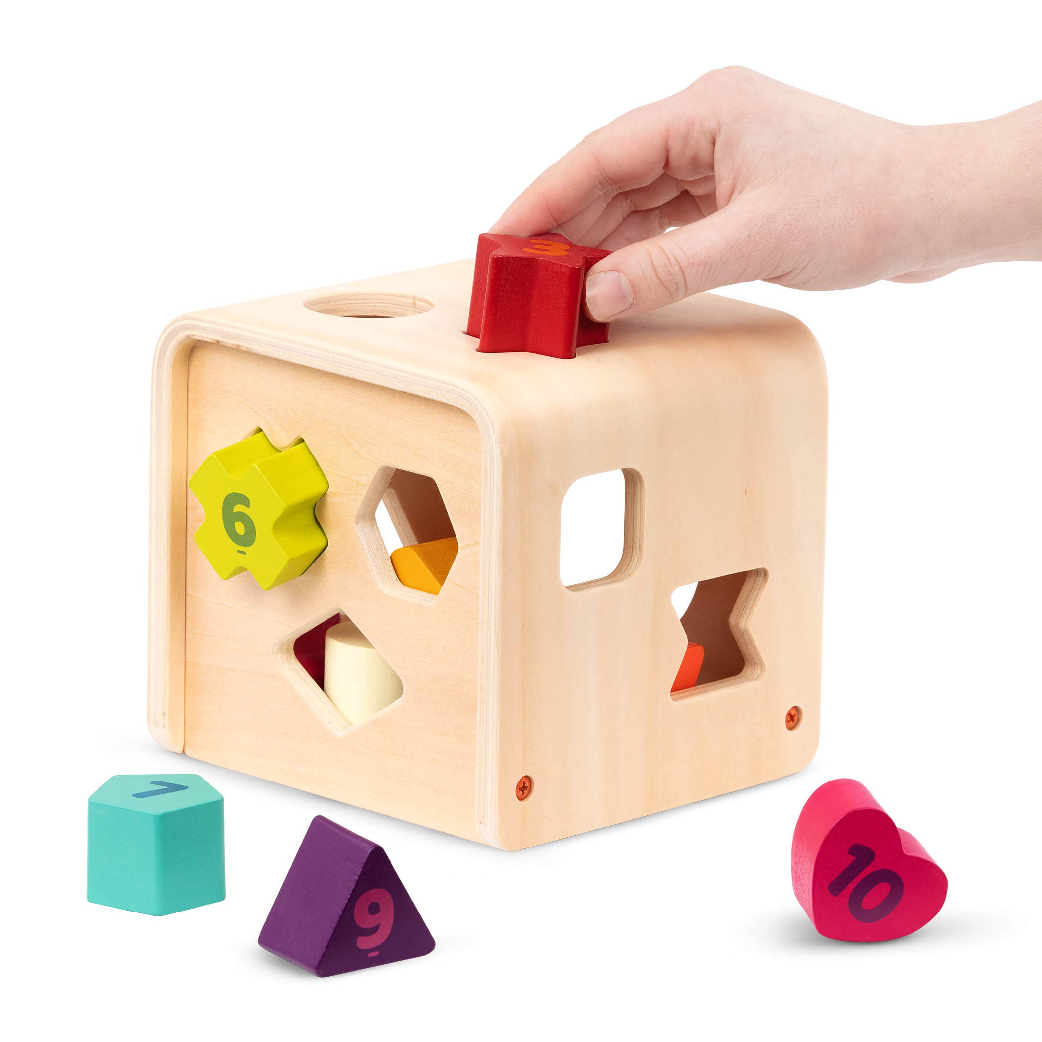 Battat – Shape Sorter for Toddlers, Kids – Wooden Learning Cube – Sorting Toy – 10 Colorful Wood Shapes with Numbers – Count & Sort Cube – 1 Year + , Orange