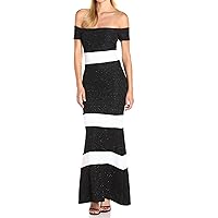 Xscape Women's Long Glitter Off The Shoulder Stripe Dress