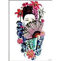 GS912 Tattoo 8.2''X5.7'' Geisha Women Hold Fan Japanese in Kimono with Cherry Blossom Large Temporary Tattoos Sticker Transfer for Man Women Teens Painting Designs Body Fake (04)