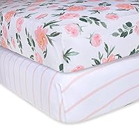 Burts Bees Baby Fitted Crib Sheet Organic Cotton BEESNUG - Autumn Bloom and Stripe Prints, Fits Unisex Standard Bed and Toddler Mattress, Infant Essentials, 28 x 52 x 5.5 Inch 2-Packs