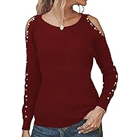 Women's Round Neck Sexy Cold Shoulder Tops Loose Fit Solid Color Knitted Pullover Casual Long Sleeve Jumper Sweater
