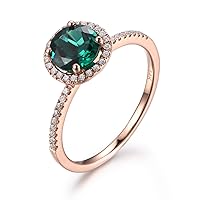 7mm Round Cut Emerald Engagement Ring,14K Rose gold,Halo Diamond,Wedding Ring,Lab-Treated Emerald Ring