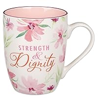Inspirational Ceramic Coffee & Tea Scripture Mug for Women: Strength & Dignity Encouraging Bible Verse, Microwave & Dishwasher Safe Novelty Drinkware, White & Pink Floral, 12 oz.