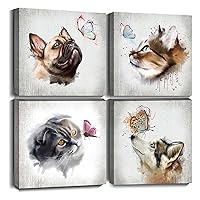 Byllyaz Animal Canvas Wall Art Gray Framed Painting for Bedroom Decor Abstract Watercolor Cute Cat Dog with Butterfly Print Picture for Kid Boys Room 4 Pieces 12x12