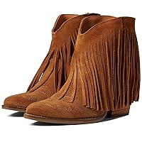 MOOMMO Women Tassel Western Booties Chunky Block Heel Suede Cowboy Ankle Boots Fringe Pointed Closed Toe V-Cut Stacked Heel Slip On Short Boots Cowgirl Embroidered Vintage Party 4-11 M US