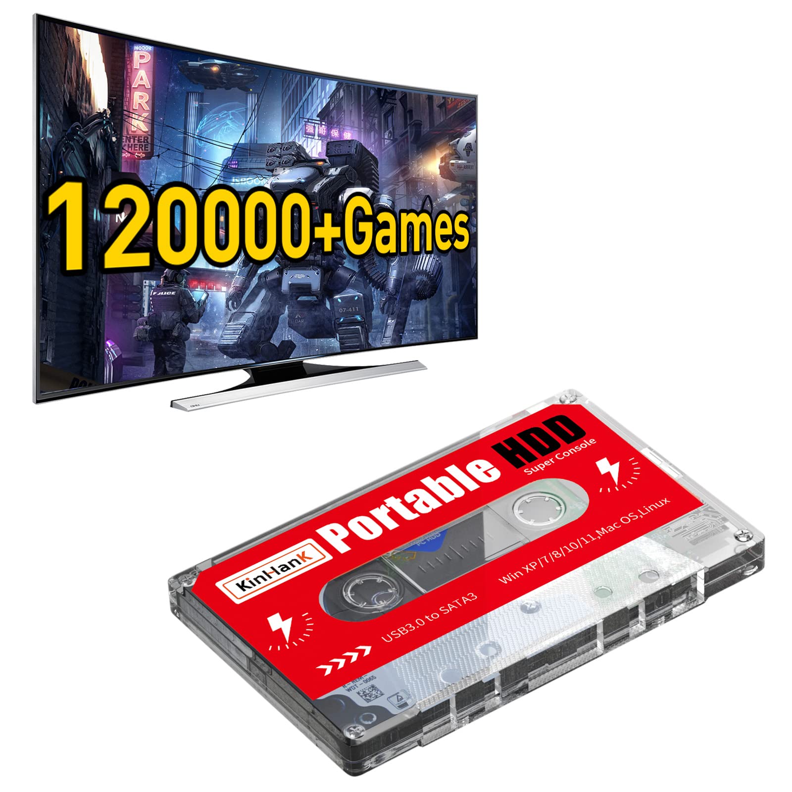 2TB Game Drive, USB 3.0, Built-in 120000+ Games, External Hard Drive Compatible with Mac OS/Linux/Windows XP/7/8/10/11, Portable HDD Compatible with Arcade/Atari/Sega/PS1/PSP etc