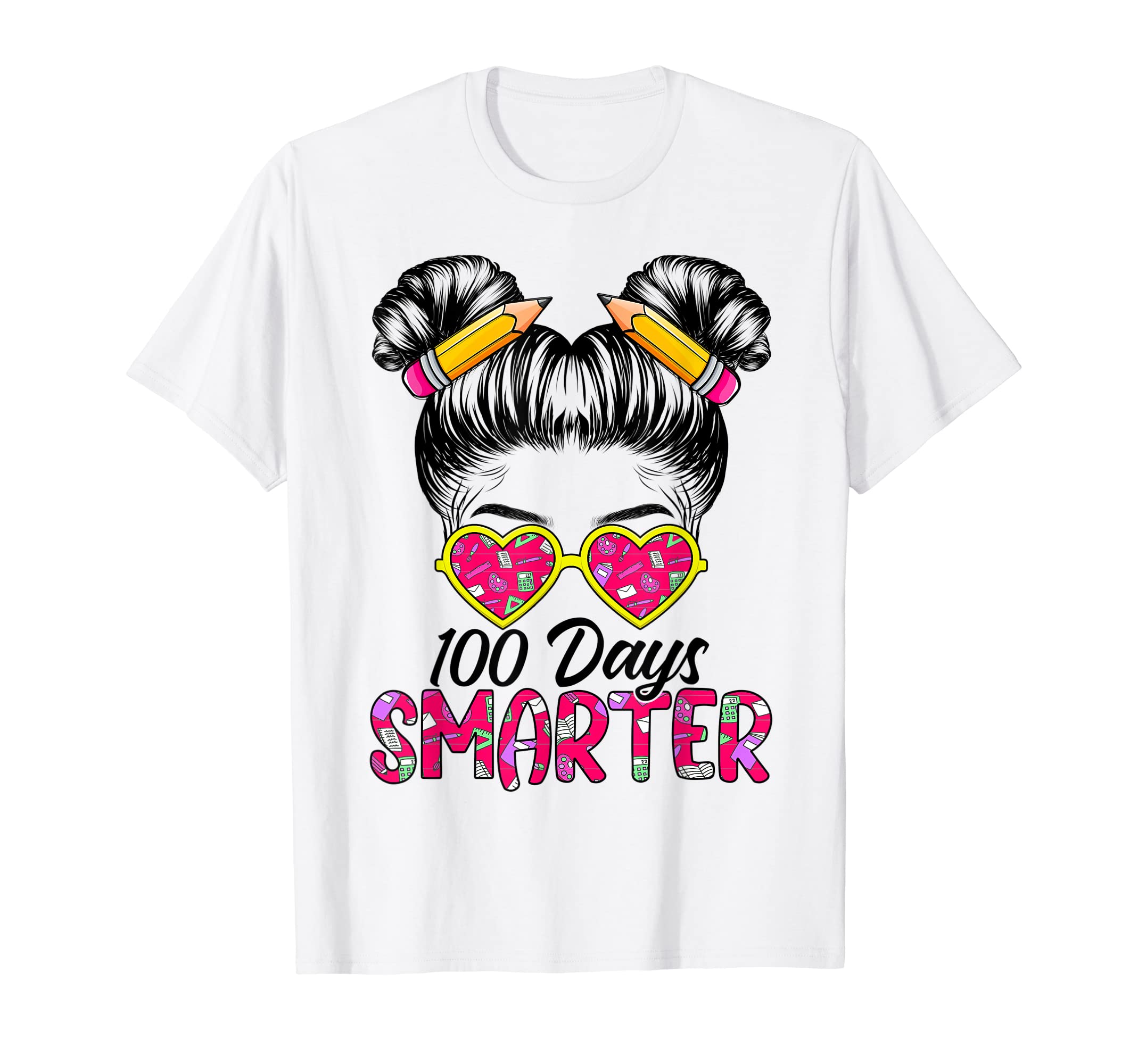 100 Days Smarter Girls Messy Bun Hair 100th Day Of School T-Shirt