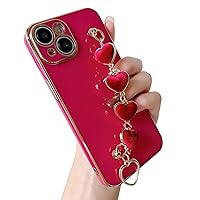 Caseative Plating Love Heart Wrist Strap Chain Bracelet Soft Compatible with iPhone Case for Women Girls (Red,iPhone 14)
