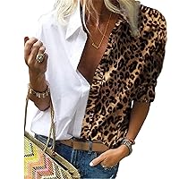Women's Casual Leopard Print Button Down Shirt Long Sleeve V Neck Collared Blouse Tops Loose Fit Patchwork Shirts