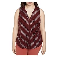 Sanctuary Womens Maroon Darted Sheer Button Up Round Hem Vented Back Striped Sleeveless Split Tank Top Plus 1X