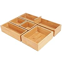 Bamboo Drawer Organizer Box Set, 5 Individual Storage Containers for Makeup Utensil, Drawer Organization for Kitchen, Vanity, Dresser, Pantry, Garage, Office