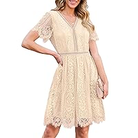 MEROKEETY Women's V Neck Floral Lace Wedding Dress Short Sleeve Cocktail Party Dress