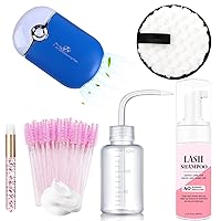 Lash Fan,50ml Eyelash Extension Cleanser, AREMOD Lash Shampoo for Lash Extensions 50pcs Eyelash Brush Cleaning Brush Makeup Remover Pad and Rinse Bottle for Lash Cleaning for Salon Home Use（blue）
